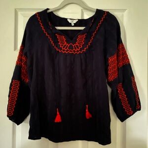 Navy and Red Embroidered Women's Top